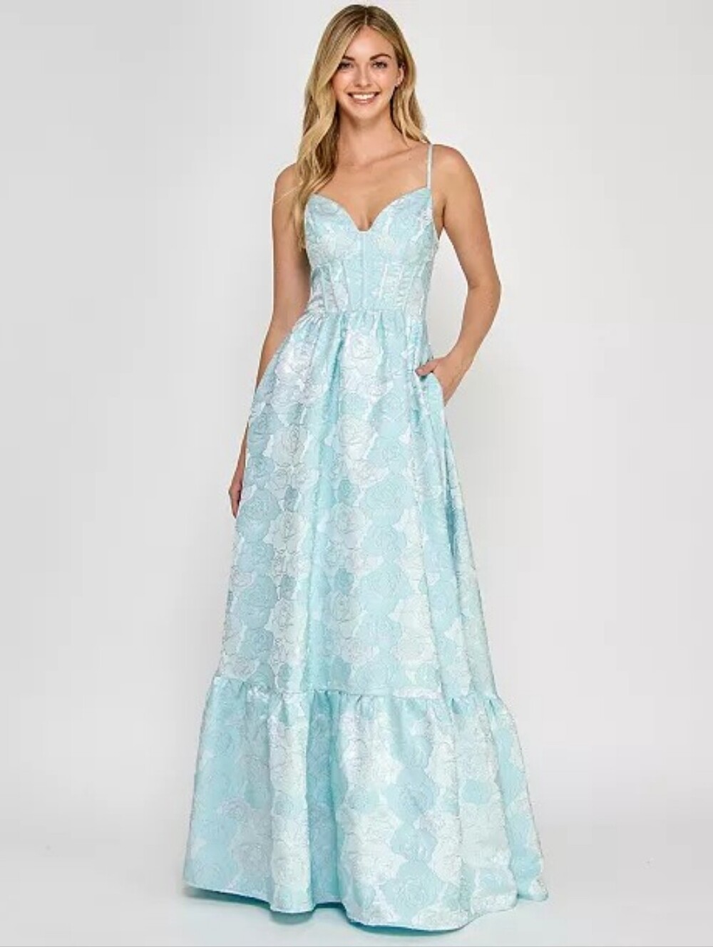 Crystal Doll Juniors' Sleeveless Brocade Corset Gown In Blue Sz XL
